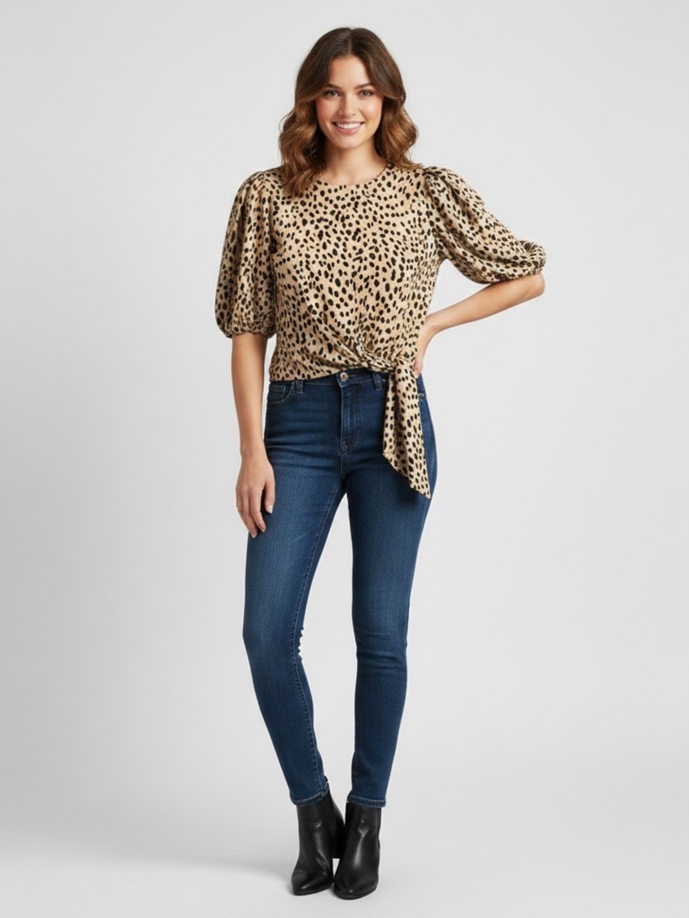 Vince Camuto Beige and Black Animal Print Tie-Front Puff Sleeve Top